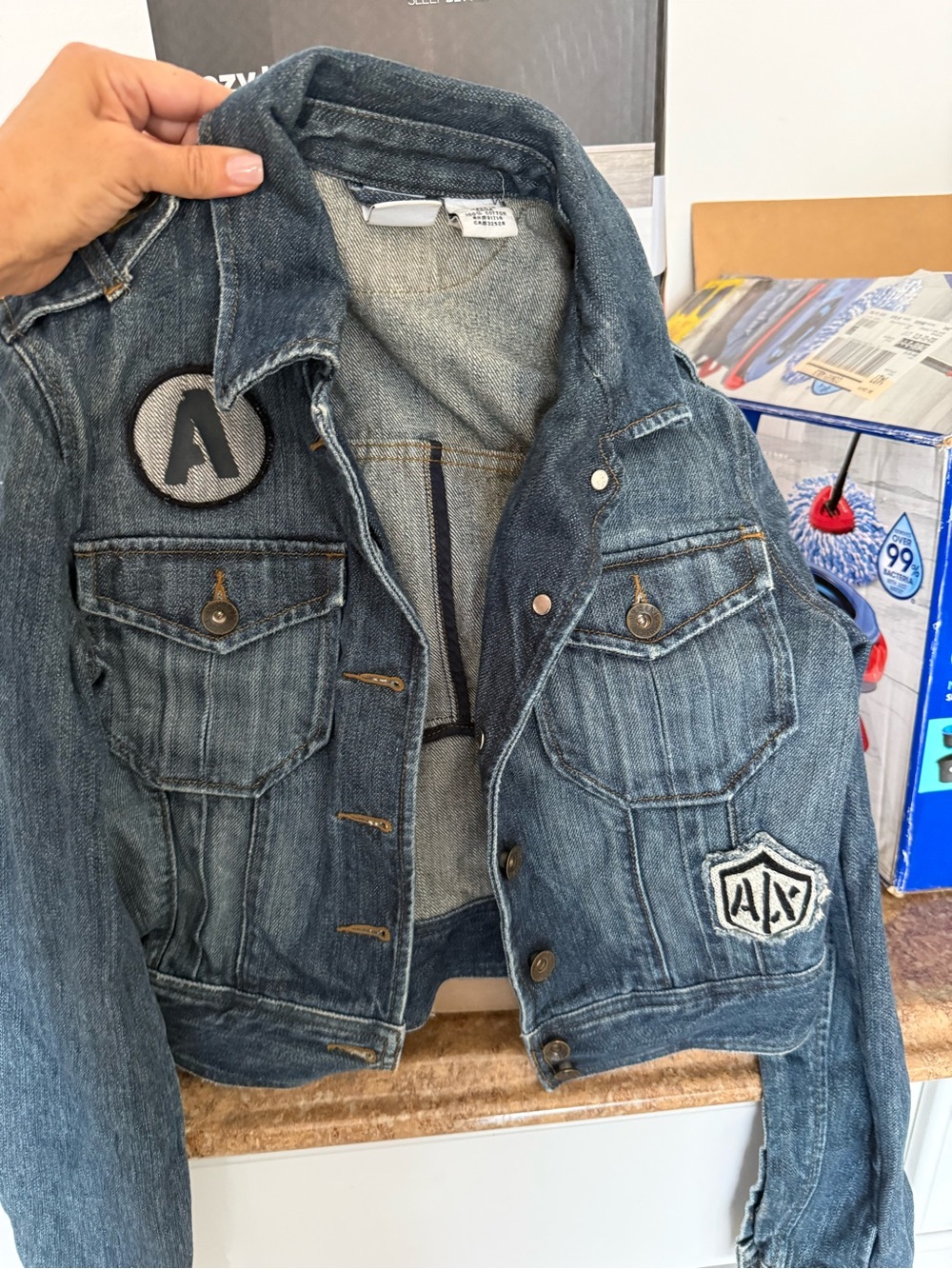 A/X Armani Exchange cropped denim jacket. XS patchwork logo. 100% Cotton